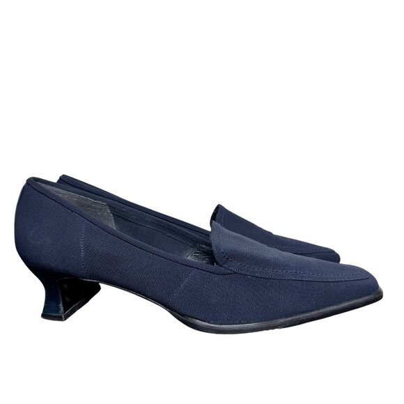 Vintage 90s Stuart Weitzman Navy Blue Square Toe Kitten Heel Loafers, Fabric - Picture 2 of 14